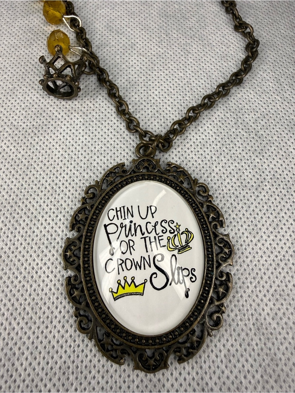 Plunder Chin Up Princess Crown Slips Necklace 32” Bronze Tone Pendant - Picture 2 of 5